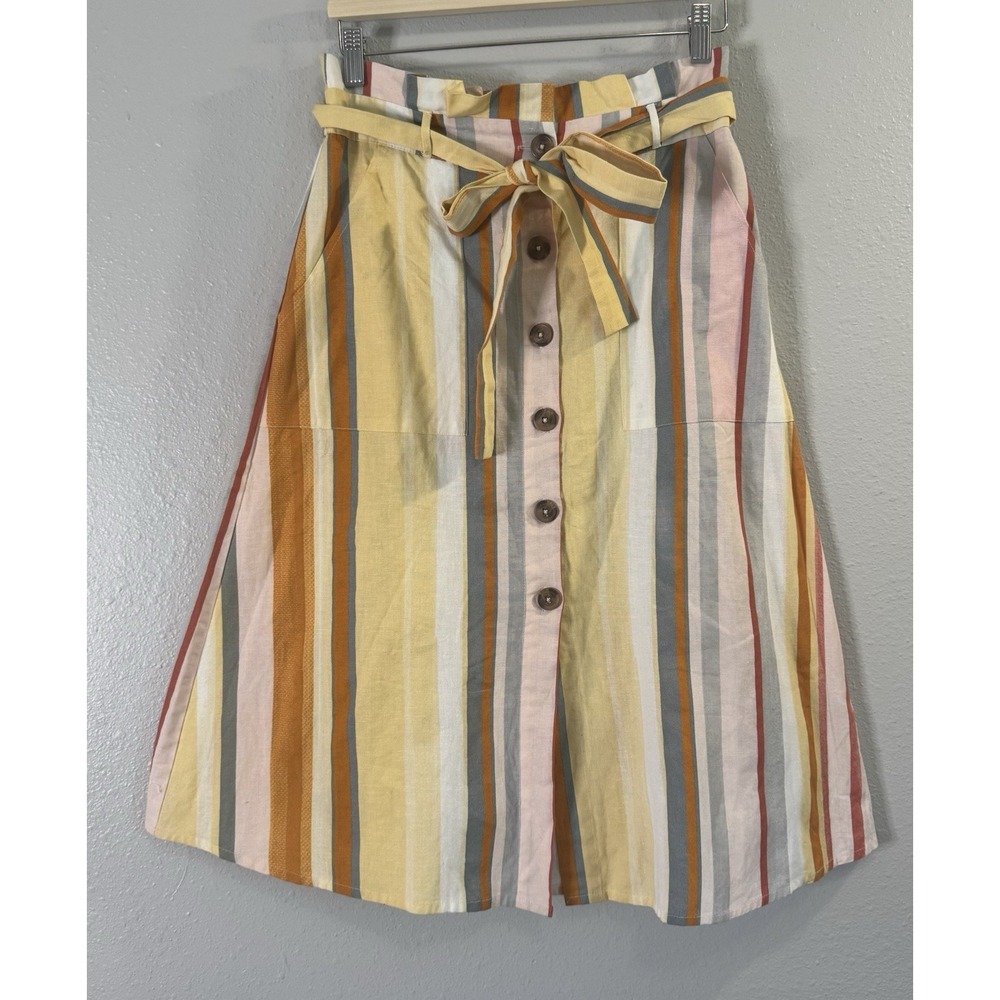 Paperbag Waist Striped Midi Skirt Cottagecore Coastal Linen Blend Pockets M